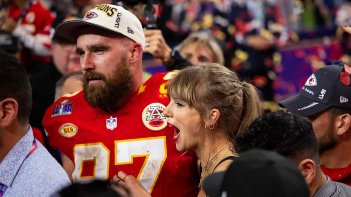 Feb 11, 2024; Paradise, Nevada, USA; Kansas City Chiefs tight end Travis Kelce (87) celebrates with girlfriend Taylor Swift after defeating the San Francisco 49ers in Super Bowl LVIII at Allegiant Stadium. Mandatory Credit: Mark J. Rebilas-USA TODAY Sports