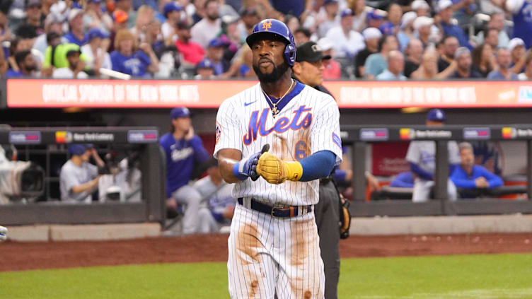 Jul 16, 2023; New York City, New York, USA; New York Mets right fielder Starling Marte (6) scores a