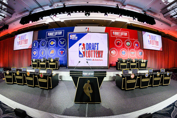 A general view of the stage prior to the NBA Draft Lottery at the Hilton Chicago. 
