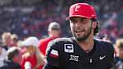 Oct 4, 2025; Cincinnati, Ohio, USA;  Cincinnati Bearcats quarterback Brendan Sorsby (2) runs off the field after defeating the Iowa State Cyclones at Nippert Stadium. Mandatory Credit: Aaron Doster-Imagn Images