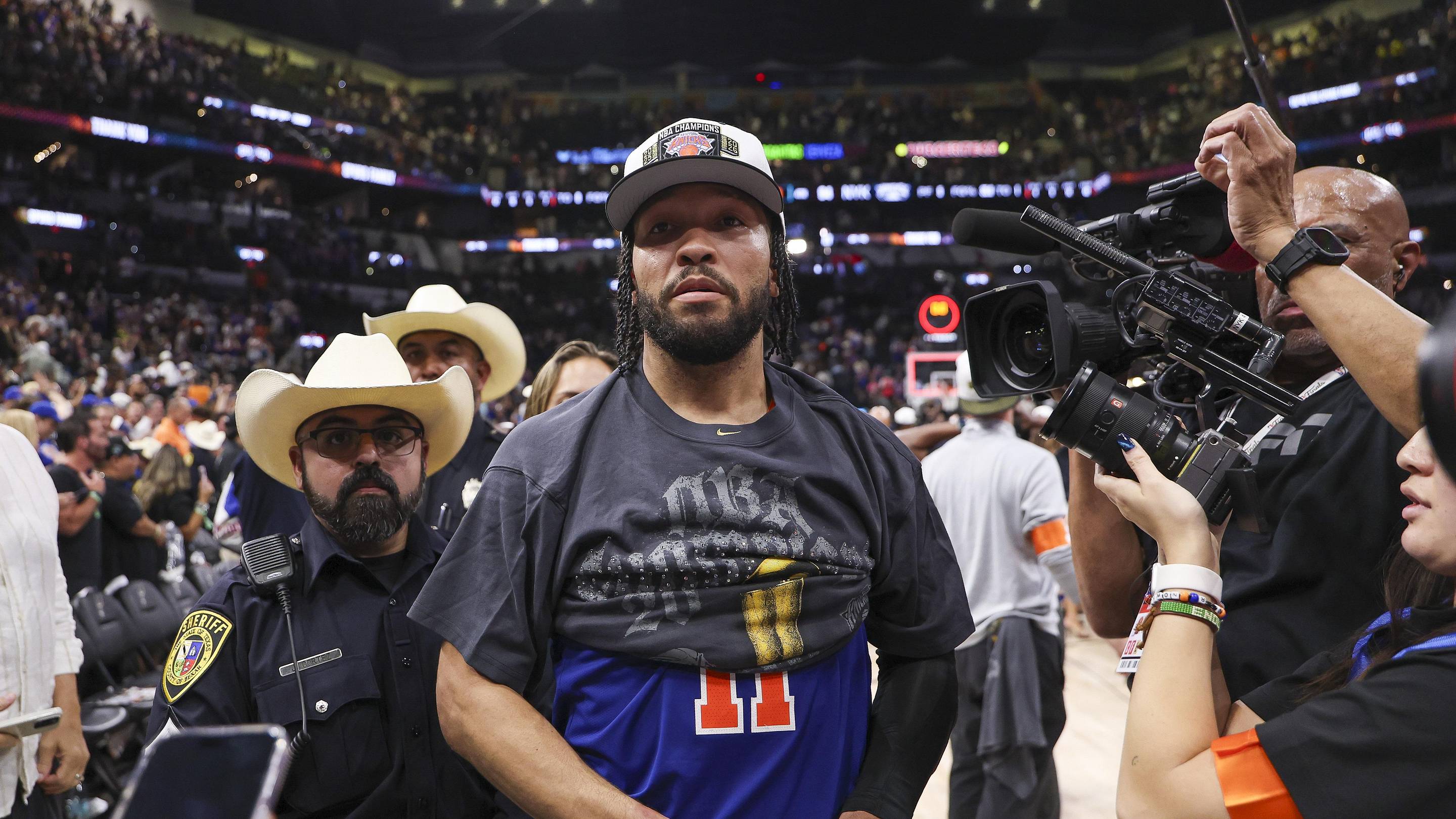 Jun 13, 2026; San Antonio, Texas, USA; New York Knicks guard Jalen Brunson (11) walks off the court after the Knicks defeat the San Antonio Spurs during game five of the 2026 NBA Finals at Frost Bank Center.