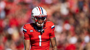 Oct 19, 2024; Tucson, Arizona, USA; Arizona Wildcats cornerback Tacario Davis (1) against the Colorado Buffalos at Arizona Stadium. Mandatory Credit: Mark J. Rebilas-Imagn Images