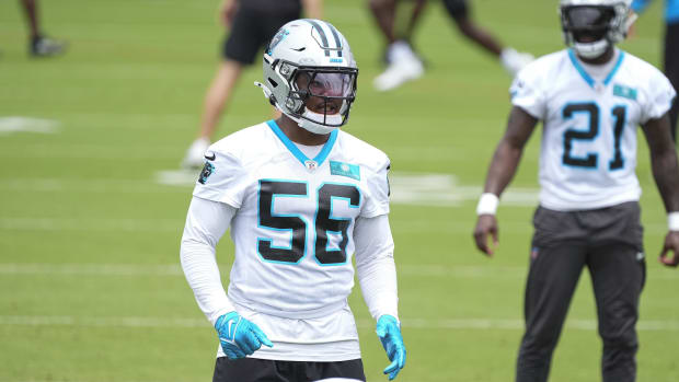 Carolina Panthers linebacker Trevin Wallace (56) during OTAs. Credit: Jim Dedmon-USA TODAY Sports