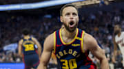 Jan 7, 2025; San Francisco, California, USA;  Golden State Warriors guard Stephen Curry (30) reacts after scoring against the Miami Heat during the fourth quarter at Chase Center. Mandatory Credit: John Hefti-Imagn Images