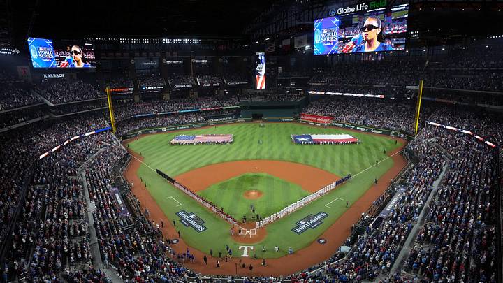 A view of Globe Life Field during the national anthem before Game 1 of the World Series.