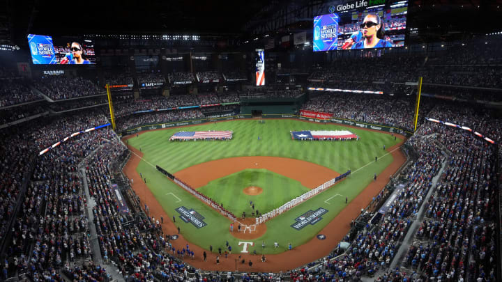 A general view during the playing of the national anthem before game one of the 2023 World Series