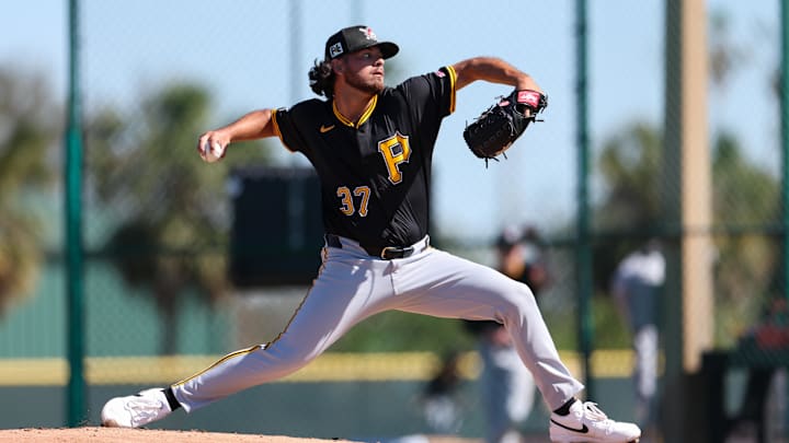 Feb 17, 2025; Bradenton, FL, USA;  Pittsburgh Pirates pitcher Jared Jones (37) participates in spring training workouts at Pirate City. Mandatory Credit: Nathan Ray Seebeck-Imagn Images