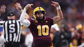 Jan 1, 2025; Atlanta, GA, USA; Arizona State Sun Devils quarterback Sam Leavitt (10) reacts after a play against the Texas Longhorns during the second half of the Peach Bowl at Mercedes-Benz Stadium. Mandatory Credit: Brett Davis-Imagn Images