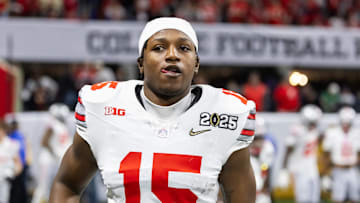 Jan 20, 2025; Atlanta, GA, USA; Ohio State Buckeyes tight end Jelani Thurman (15) against the Notre Dame Fighting Irish during the CFP National Championship college football game at Mercedes-Benz Stadium. Mandatory Credit: Mark J. Rebilas-Imagn Images