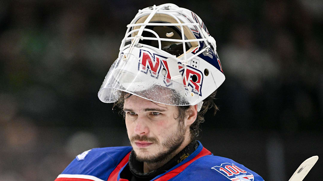 Apr 11, 2026; Dallas, Texas, USA; New York Rangers goaltender Igor Shesterkin (31) skates back on the ice during the second period against the Dallas Stars at the American Airlines Center. Mandatory Credit: Jerome Miron-Imagn Images