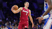 Feb 5, 2025; Philadelphia, Pennsylvania, USA; Miami Heat forward Nikola Jovic (5) controls the ball against the Philadelphia 76ers in the second quarter at Wells Fargo Center. Mandatory Credit: Kyle Ross-Imagn Images