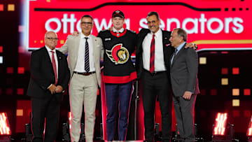 Jun 28, 2024; Las Vegas, Nevada, USA; Carter Yakemchuk is selected by the Ottawa Senators with the 7th overall pick in the first round of the 2024 NHL Draft at The Sphere. Mandatory Credit: Stephen R. Sylvanie-USA TODAY Sports