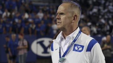 Brigham Young Cougars athletic director Tom Holmoe after a game against the Utah State Aggies at LaVell Edwards Stadium