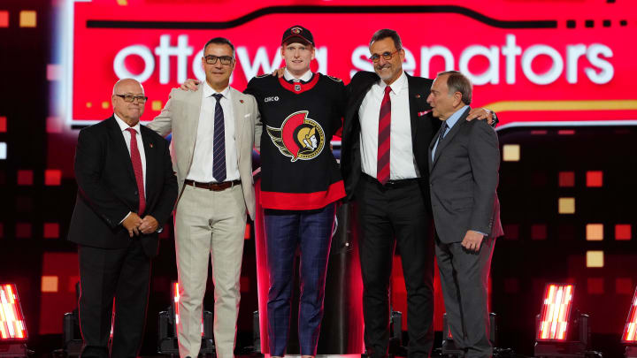 Jun 28, 2024; Las Vegas, Nevada, USA; Carter Yakemchuk is selected by the Ottawa Senators with the 7th overall pick in the first round of the 2024 NHL Draft at The Sphere. Mandatory Credit: Stephen R. Sylvanie-USA TODAY Sports