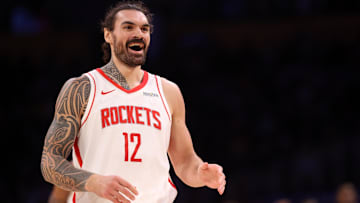 Mar 31, 2025; Los Angeles, California, USA;  Houston Rockets center Steven Adams (12) reacts to a play during the third quarter against the Los Angeles Lakers at Crypto.com Arena. Mandatory Credit: Kiyoshi Mio-Imagn Images