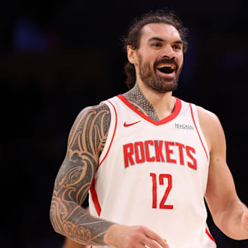 Mar 31, 2025; Los Angeles, California, USA;  Houston Rockets center Steven Adams (12) reacts to a play during the third quarter against the Los Angeles Lakers at Crypto.com Arena. Mandatory Credit: Kiyoshi Mio-Imagn Images