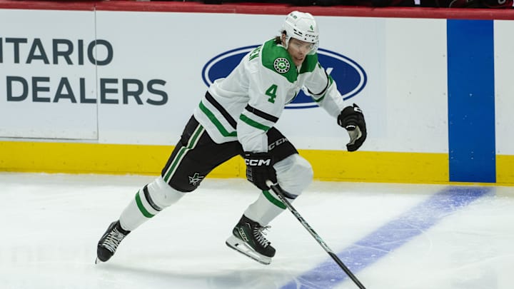Jan 12, 2025; Ottawa, Ontario, CAN; Dallas Stars defenseman Miro Heiskanen (4) skates in the third period against the Ottawa Senators at the Canadian Tire Centre. Mandatory Credit: Marc DesRosiers-Imagn Images