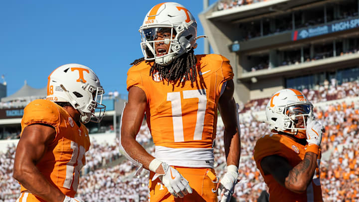 Tennessee Volunteers wide receiver Chris Brazzell II (17) celebrates after a touchdown against the Mississippi State Bulldogs during the first half at Davis Wade Stadium at Scott Field.