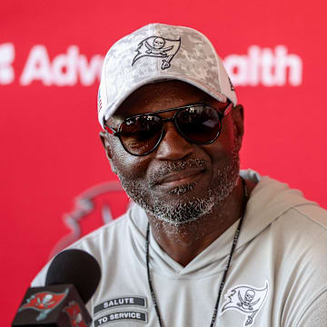 Tampa Bay Buccaneers head coach Todd Bowles talks to media after training camp at AdventHealth Training Center.
