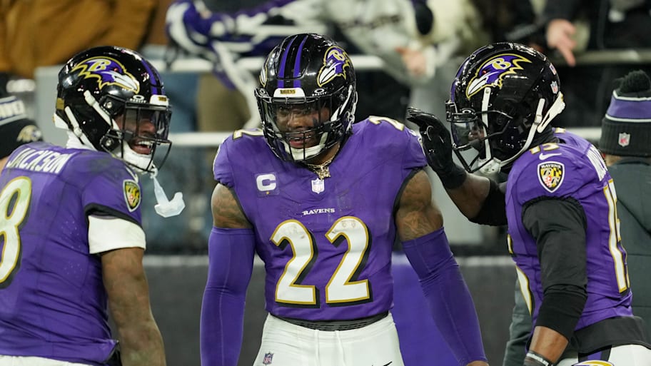 Baltimore Ravens running back Derrick Henry celebrates with wide receiver Nelson Agholor and quarterback Lamar Jackson after scoring a touchdown. | Mitch Stringer-Imagn Images