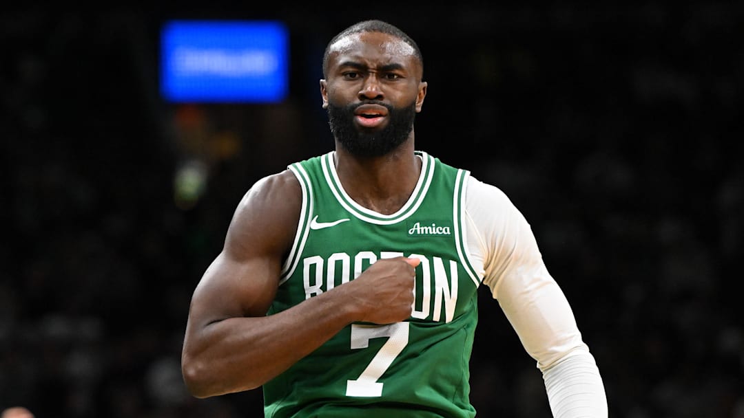 Dec 2, 2025; Boston, Massachusetts, USA; Boston Celtics guard Jaylen Brown (7) reacts after scoring against the New York Knicks during the second half at the TD Garden. Mandatory Credit: Brian Fluharty-Imagn Images