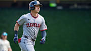 Sep 21, 2025; Minneapolis, Minnesota, USA; Cleveland Guardians outfielder Steven Kwan (38) runs to home plate after hitting a leadoff home run off Minnesota Twins starting pitcher Simeon Woods Richardson (not shown) in the first inning at Target Field. Mandatory Credit: Matt Blewett-Imagn Images