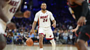 Nov 23, 2025; Philadelphia, Pennsylvania, USA; Miami Heat guard Norman Powell (24) controls the ball against the Philadelphia 76ers in the second quarter at Xfinity Mobile Arena. Mandatory Credit: Kyle Ross-Imagn Images