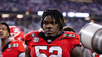 Jan 9, 2023; Inglewood, CA, USA; Georgia Bulldogs defensive lineman Christen Miller (52) against the TCU Horned Frogs during the CFP national championship game at SoFi Stadium. Mandatory Credit: Mark J. Rebilas-Imagn Images