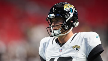 Aug 23, 2024; Atlanta, Georgia, USA; Jacksonville Jaguars quarterback Mac Jones (10) prepares for a game against the Atlanta Falcons at Mercedes-Benz Stadium. 