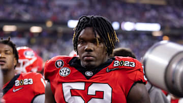 Jan 9, 2023; Inglewood, CA, USA; Georgia Bulldogs defensive lineman Christen Miller (52) against the TCU Horned Frogs during the CFP national championship game at SoFi Stadium. Mandatory Credit: Mark J. Rebilas-Imagn Images