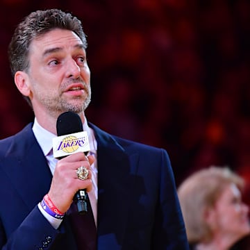 Mar 7, 2023; Los Angeles, California, USA; Former Los Angeles Lakers player Pau Gasol speaks as his number is retired during halftime at Crypto.com Arena. Mandatory Credit: Gary A. Vasquez-Imagn Images