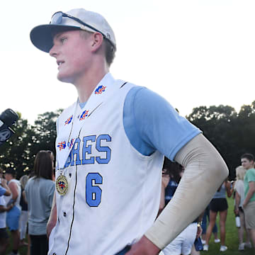 Southside Christian played Latta High School on Tuesday, May 21, 2024. This was the second game of the Class A high school state baseball championship series. Southside Christian won the game 13-3 and took the state title. Southside Christian's Carson Bolemon (6) talks to the media about the game.