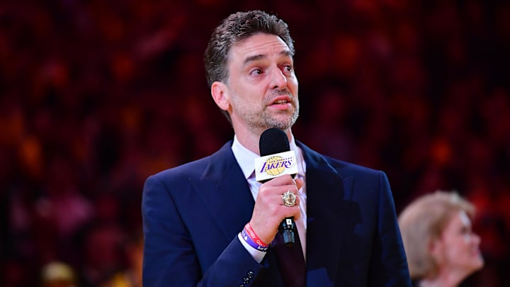 Mar 7, 2023; Los Angeles, California, USA: Former Los Angeles Lakers player Pau Gasol speaks as his number is retired during halftime at Crypto.com Arena. Mandatory Credit: Gary A. Vasquez-Imagn Images