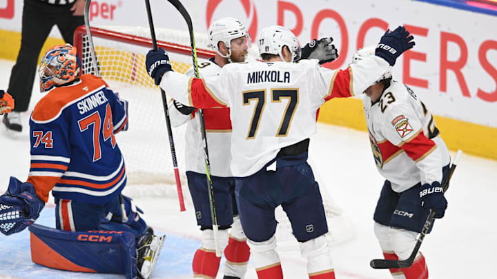 Jun 4, 2025; Edmonton, Alberta, CAN; Florida Panthers center Sam Bennett (9) reacts after scoring a goal against Edmonton Oilers goaltender Stuart Skinner (74) during the first period in game one of the 2025 Stanley Cup Final at Rogers Place. Mandatory Credit: Walter Tychnowicz-Imagn Images
