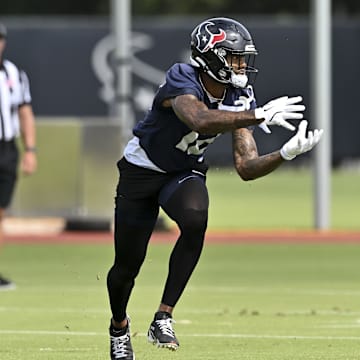 Jun 10, 2025; Houston, TX, USA; Houston Texans wide receiver Nico Collins (12) participates in a drill during an NFL football minicamp at NRG Stadium. Mandatory Credit: Maria Lysaker-Imagn Images 