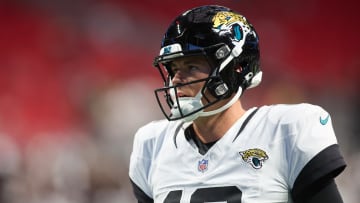 Aug 23, 2024; Atlanta, Georgia, USA; Jacksonville Jaguars quarterback Mac Jones (10) prepares for a game against the Atlanta Falcons at Mercedes-Benz Stadium. Mandatory Credit: Brett Davis-USA TODAY Sports