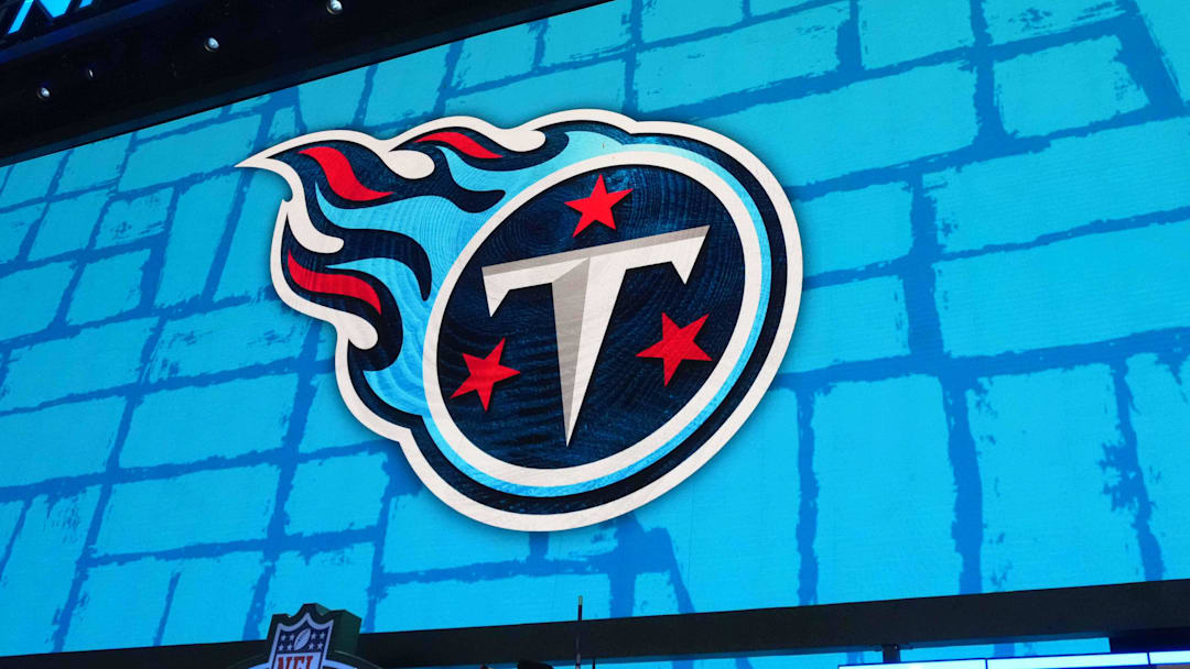 Apr 24, 2025; Green Bay, WI, USA; The Tennessee Titans logo is projected on the video board during the NFL Draft at Lambeau Field. Mandatory Credit: Kirby Lee-Imagn Images