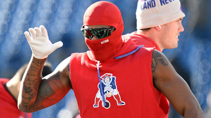 Dec 1, 2024; Foxborough, Massachusetts, USA; New England Patriots wide receiver Kendrick Bourne (84) warms up before a game against the Indianapolis Colts at Gillette Stadium. Mandatory Credit: Eric Canha-Imagn Images