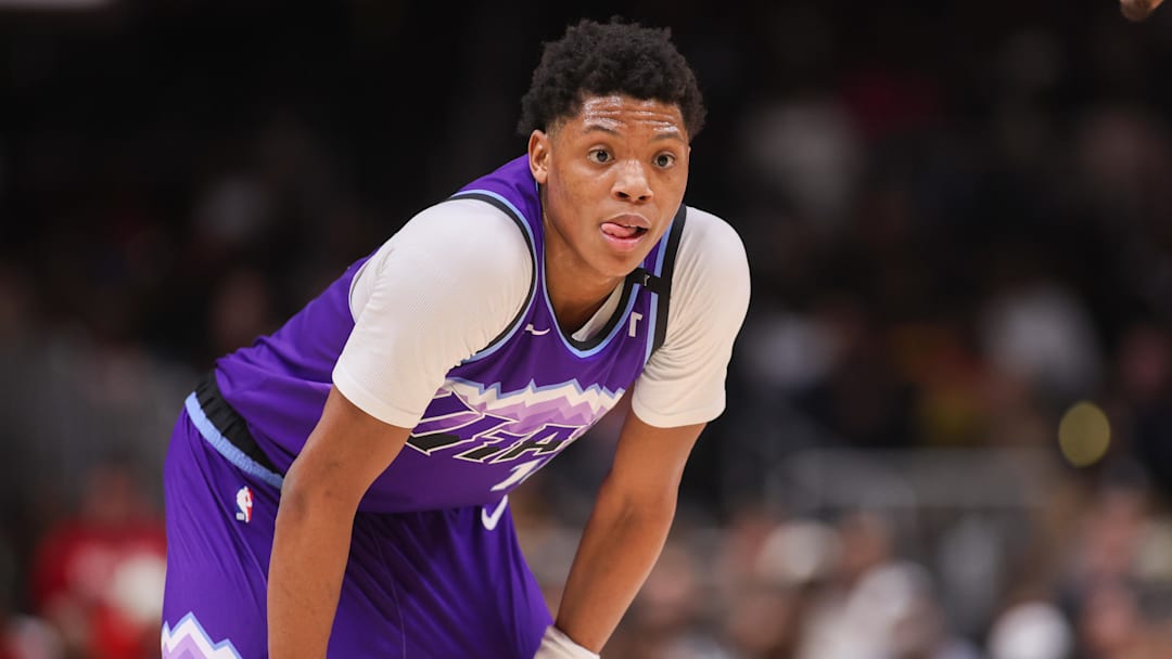 Feb 5, 2026; Atlanta, Georgia, USA; Utah Jazz guard Ace Bailey (19) in action against the Atlanta Hawks in the third quarter at State Farm Arena. Mandatory Credit: Brett Davis-Imagn Images
