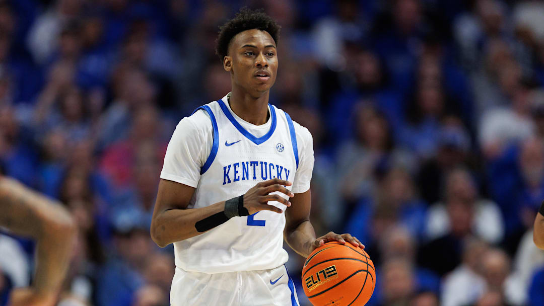 Feb 8, 2025; Lexington, Kentucky, USA; Kentucky Wildcats guard Jaxson Robinson (2) brings the ball up court during the second half against the South Carolina Gamecocks at Rupp Arena at Central Bank Center. Mandatory Credit: Jordan Prather-Imagn Images