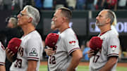 Arizona Diamondbacks manager Torey Lovullo (17) and bench coach Jeff Banister (82) look on before game two of the 2023 World Series against the Texas Rangers at Globe Life Field on Oct. 28, 2023, Arlington, Texas.
