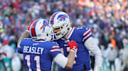Bills quarterback Josh Allen celebrates with Cole Beasley after his touchdown catch against the