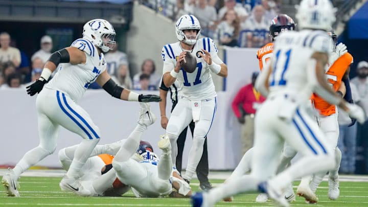 Indianapolis Colts quarterback Daniel Jones (17) looks to pass Sunday, Sept. 14, 2025, during a game against the Denver Broncos at Lucas Oil Stadium in Indianapolis. Indianapolis Colts quarterback Daniel Jones (17) looks to pass Sunday, Sept. 14, 2025, during a game against the Denver Broncos at Lucas Oil Stadium in Indianapolis.