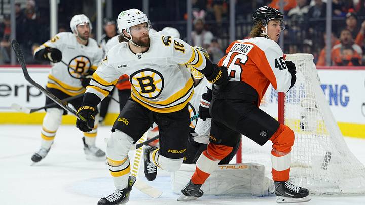 Apr 5, 2026; Philadelphia, Pennsylvania, USA; Boston Bruins center Pavel Zacha (18) skates against Philadelphia Flyers center Trevor Zegras (46) in the third period at Xfinity Mobile Arena. Mandatory Credit: Kyle Ross-Imagn Images Apr 5, 2026; Philadelphia, Pennsylvania, USA; Boston Bruins center Pavel Zacha (18) skates against Philadelphia Flyers center Trevor Zegras (46) in the third period at Xfinity Mobile Arena. Mandatory Credit: Kyle Ross-Imagn Images