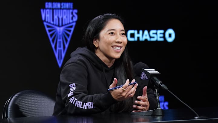 Golden State Valkyries head coach Natalie Nakase addresses the media. 