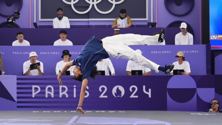 Aug 9, 2024; Paris, FRANCE; SYSSY (FRA) in the breaking B-Girls round robin competition during the Paris 2024 Olympic Summer Games at La Concorde. Mandatory Credit: Rob Schumacher-USA TODAY Sports