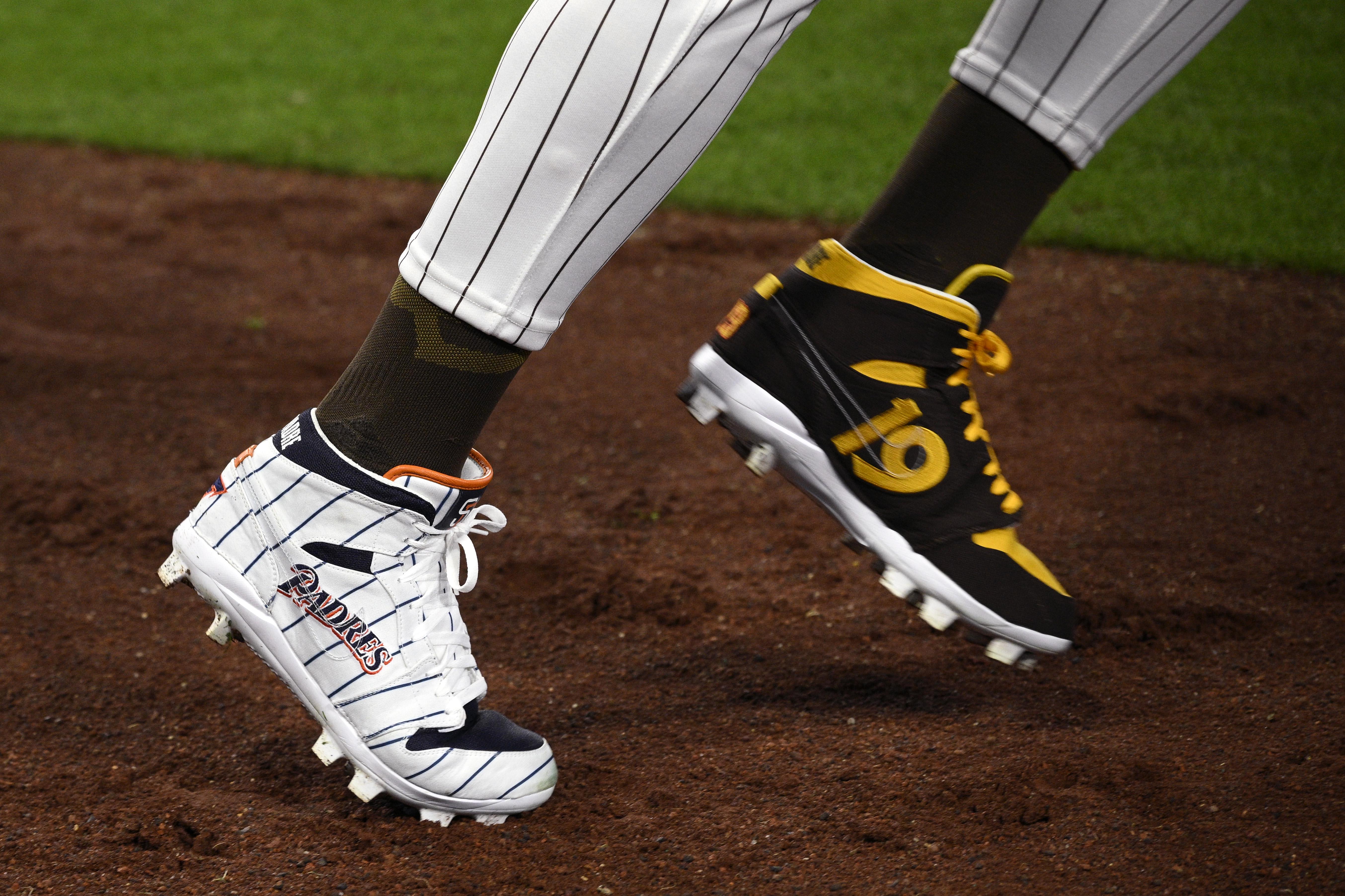 San Diego Padres outfielder Fernando Tatis Jr.'s white and brown Air Jordan cleats.