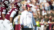 Texas A&M Aggies head coach Mike Elko on the field in the second half of a game against the Samford Bulldogs at Kyle Field.