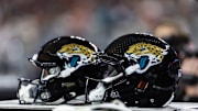 Nov 23, 2025; Glendale, Arizona, USA; Detailed view of a Jacksonville Jaguars helmet at State Farm Stadium. Mandatory Credit: Mark J. Rebilas-Imagn Images