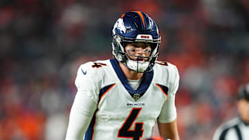 Aug 26, 2023; Denver, Colorado, USA; Denver Broncos quarterback Jarrett Stidham (4) in the first